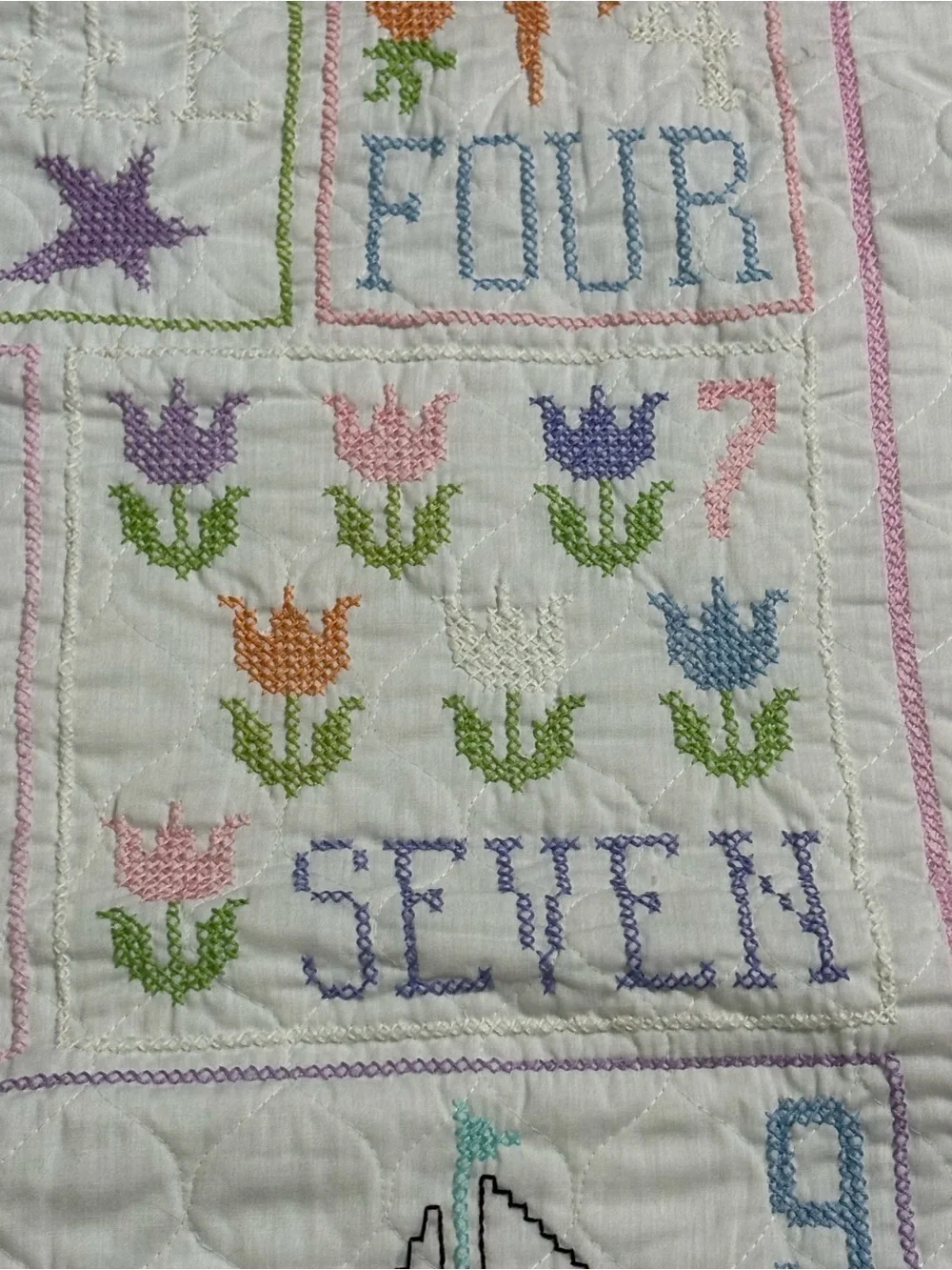 Vintage Handmade Cross Stitch Counting Baby Quilt Wall Hanging Sampler